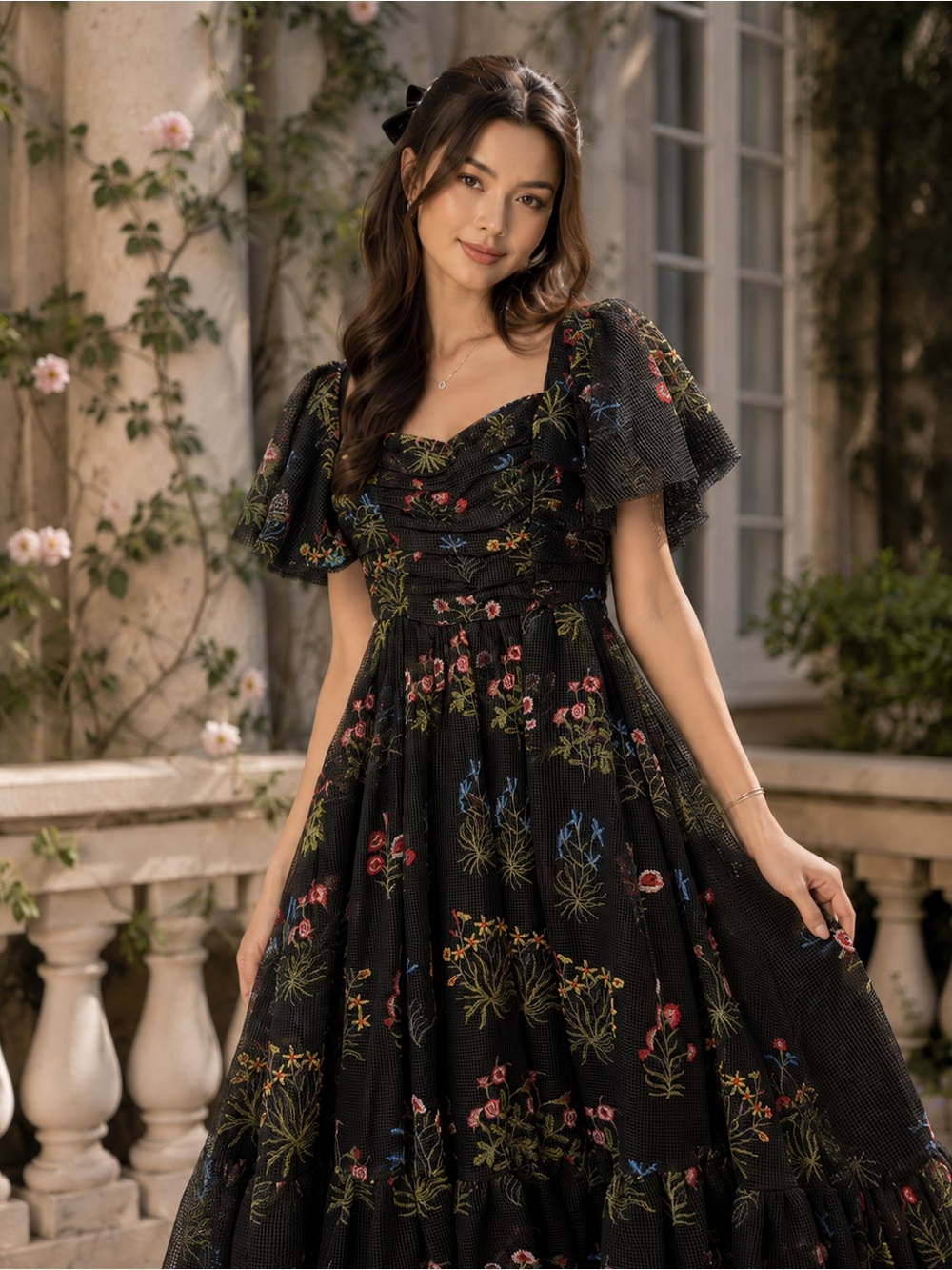 JessaKae Sybil Black Floral Embroidered Flutter Sleeve Midi Dress XS - Picture 2 of 9